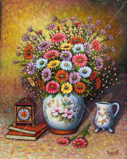 Jarrón floral con libros y reloj Oil Canvas Floral Painting