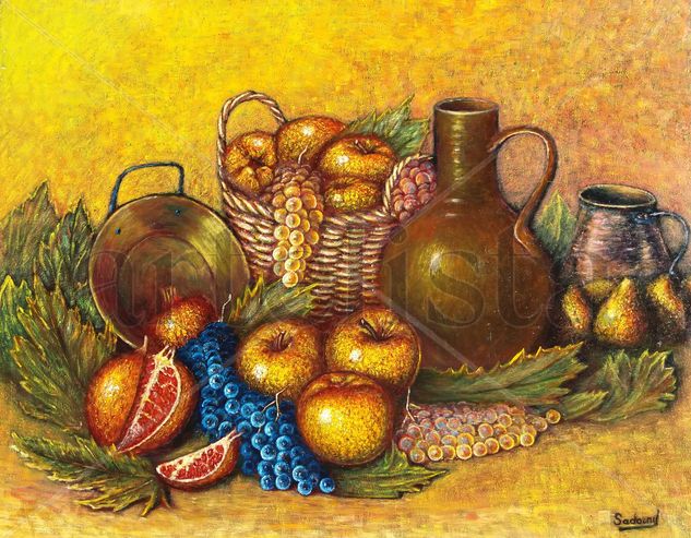 Cesto con manzanas y uvas Oil Textile Still Life Paintings