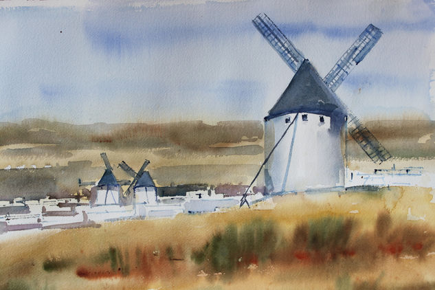 Molinos de La Mancha Acuarela Papel Paisaje