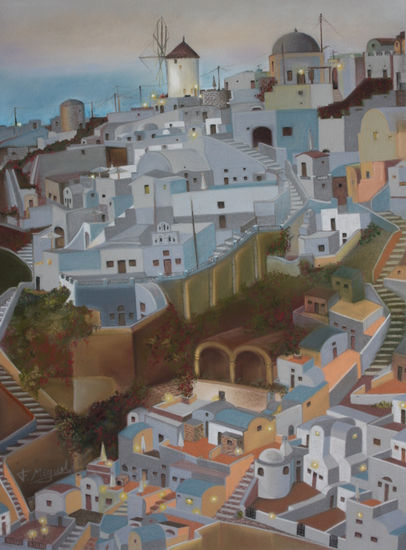 Amanecer en Oia Pastel Papel Paisaje