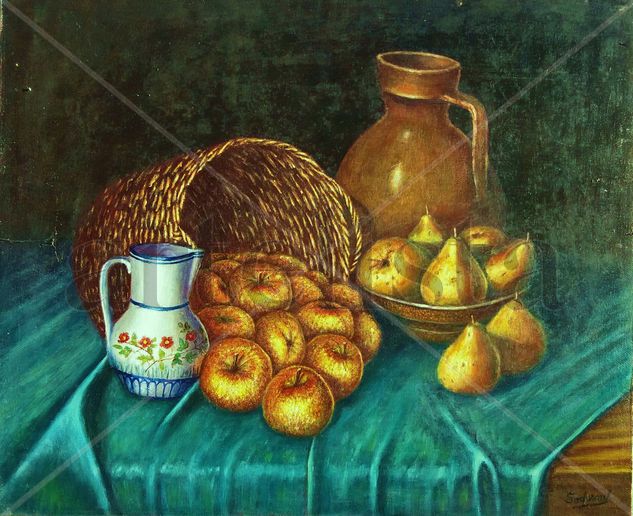 Bodegón con cesto de peras y manzanas Oil Canvas Still Life Paintings