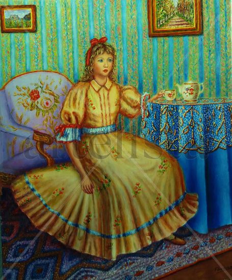 Figura de Dama tomando café Oil Canvas Figure Painting