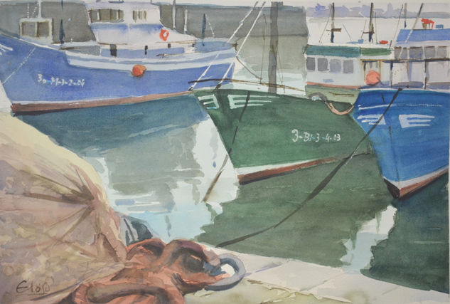 Redes en el muelle Watercolour Paper Marine Painting