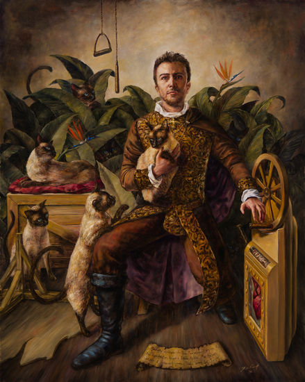 Autoretrato con Gatos Oil Canvas Figure Painting