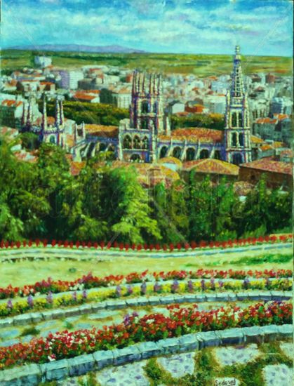 Catedral de Burgos desde los jardines del mirador del Castillo Óleo Tela Paisaje