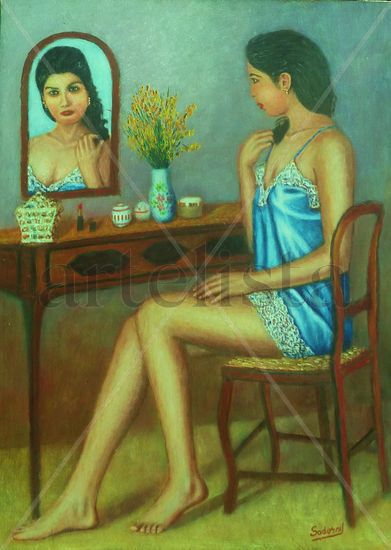 mirandose en el espejo Oil Textile Figure Painting