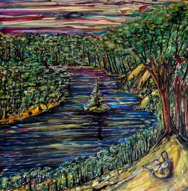 Live painting on Ticino river at sunset