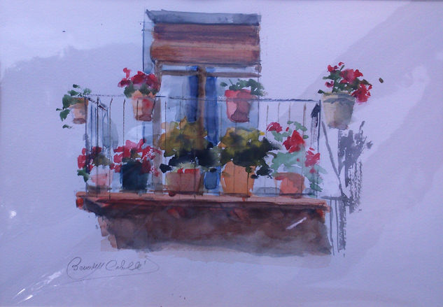 balcon con flores Acuarela Papel Paisaje