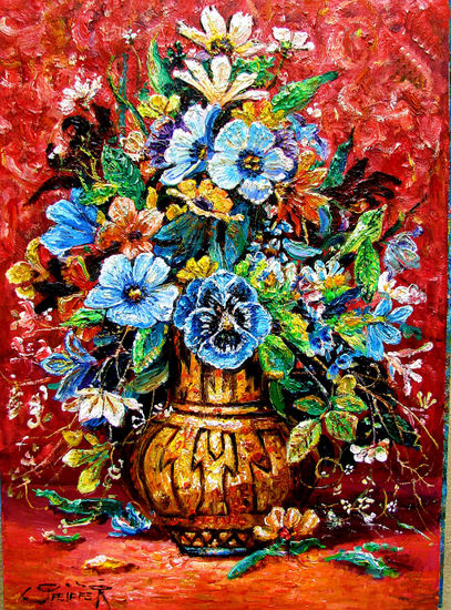 BOUQUET DE FLORES EN UNA VASIJA  AMERICANA Oil Panel Floral Painting