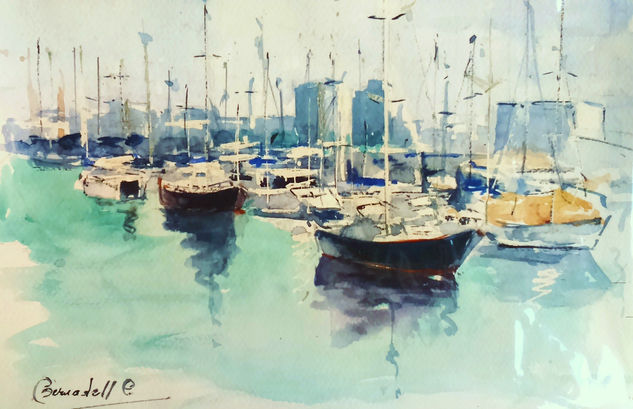 VELEROS  EN EL PUERTO DE BARCELONA Watercolour Paper Marine Painting