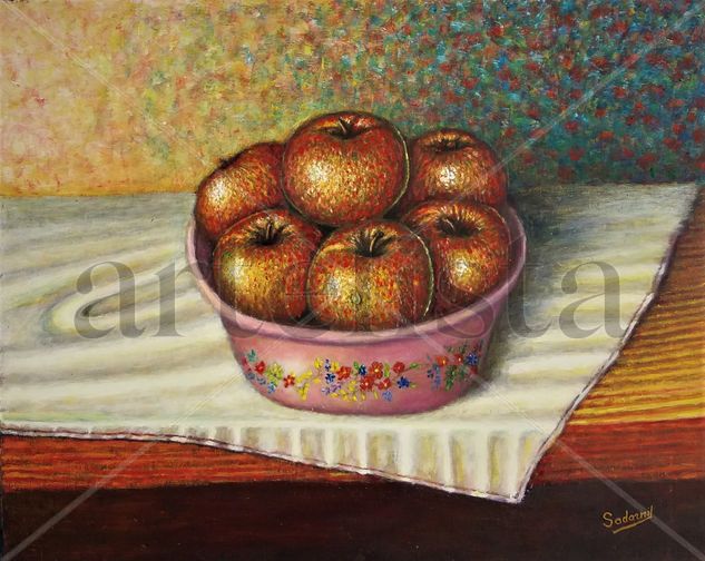 bodegón de manzanas sobre mantel y madera Oil Panel Still Life Paintings