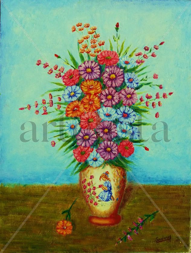 bodegón con jarrón y flores