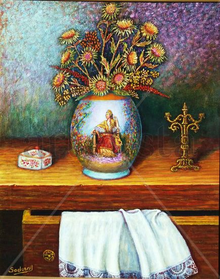 jarron cardos sobre mesa Oil Textile Still Life Paintings