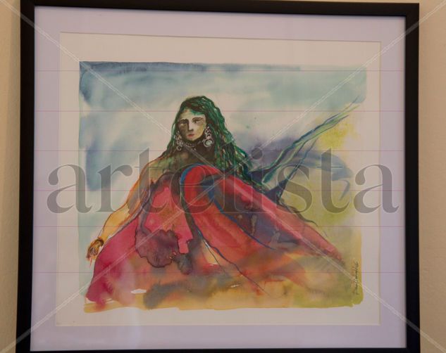 Vestido rojo, pelo verde Watercolour Paper Figure Painting