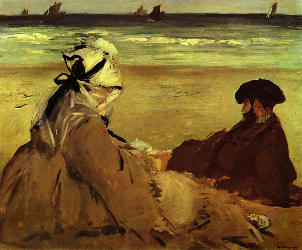 EN LA PLAYA E. MANET Oil Canvas Figure Painting