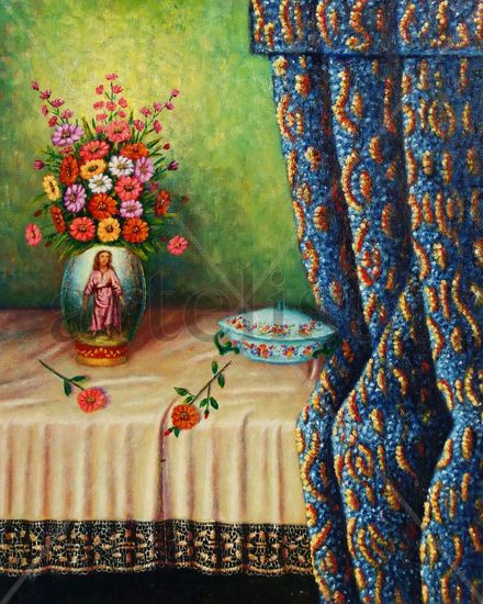 mantelito jarron con niño jesus Oil Canvas Still Life Paintings