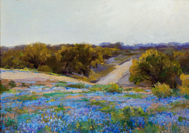 PAISAJE CON CAMINO BLUEBONNETS Óleo Lienzo Paisaje