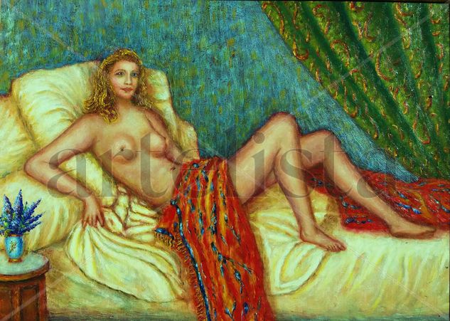 dama reposando en la cama Oil Panel Figure Painting