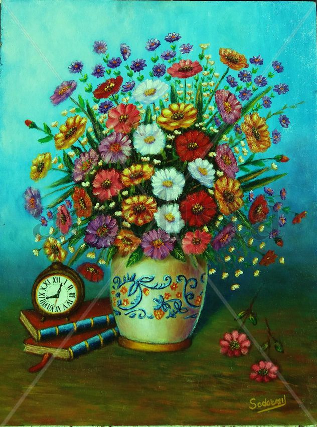 jarron con flores relo j y libros