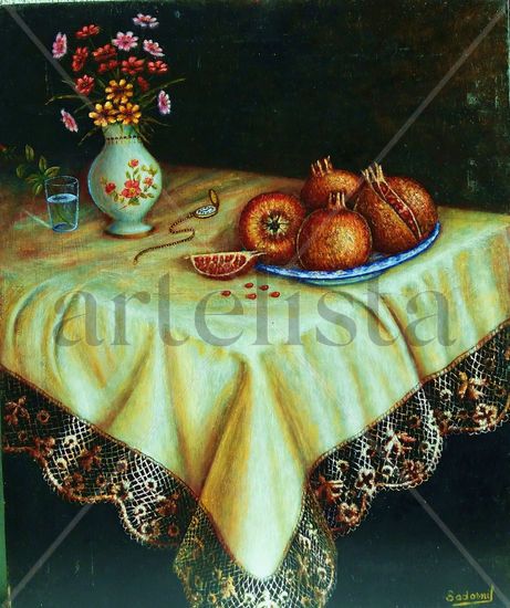 jarron frores granadas tela con puntilla Oil Textile Still Life Paintings