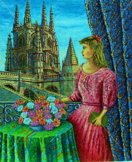 dama admirando catedral de burgos Oil Textile Others