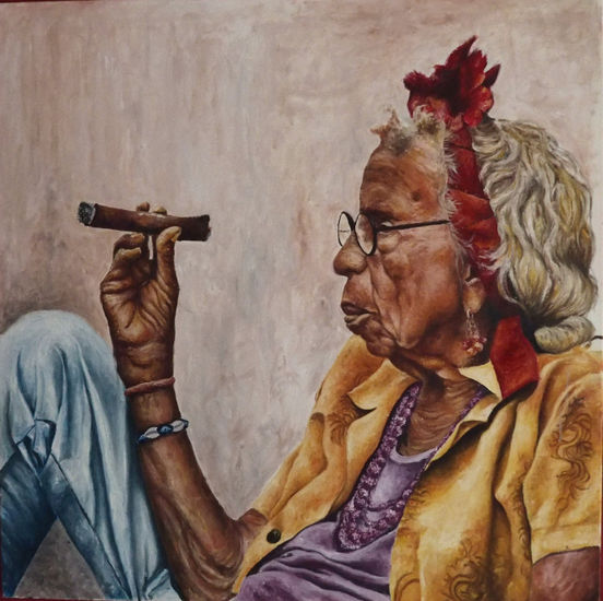 Cubana con puro Oil Canvas Portrait