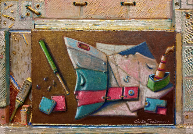 EL barco de los sueños, en construcción - ( Efecto 3D enmarcado) Mixed media Panel Still Life Paintings