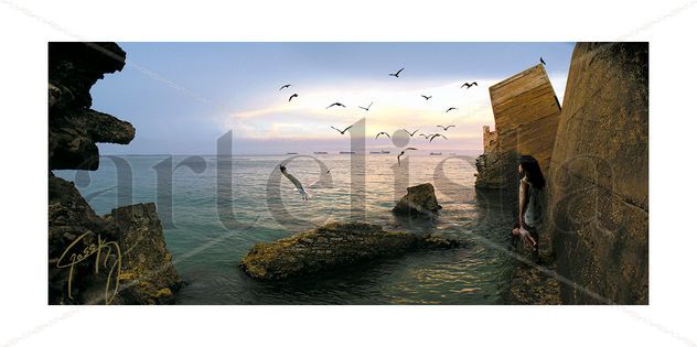 Girl looking at the sea with doll in the hand
