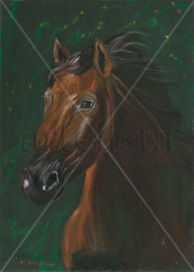 Brown horse portrait on green velvet Oil Textile Animals