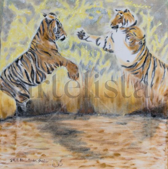 Two tigers fighting Oil Textile Animals