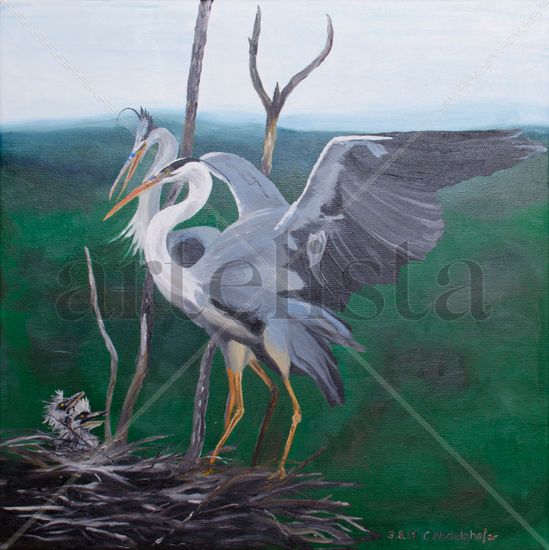 Grey herons family Oil Canvas Animals