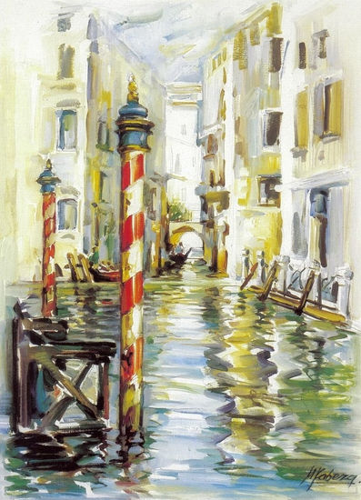 VENECIA POSTES DE AMARRE TIPICOS. O.S.T. 46×33 Óleo Tela Marina