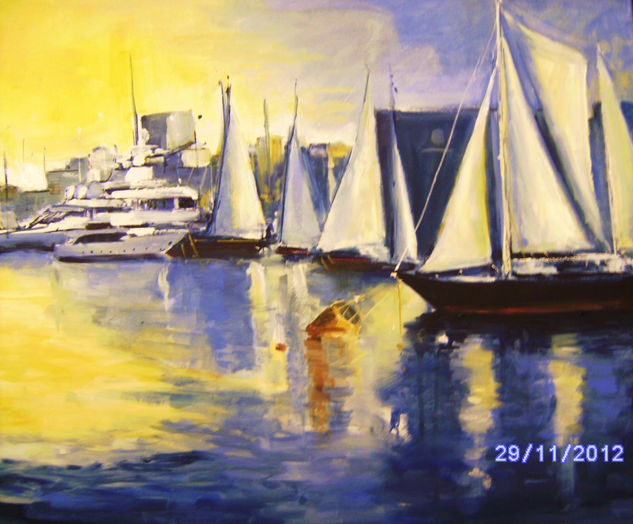 veleros en el puerto de Barcelona Oil Canvas Landscaping