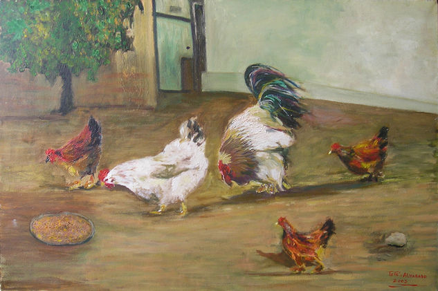 Gallo y gallinas Oil Canvas Animals