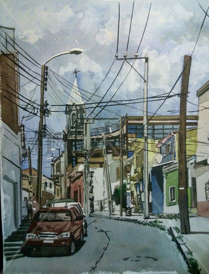 Calle de Valparaiso (Chile). Acuarela Papel Paisaje