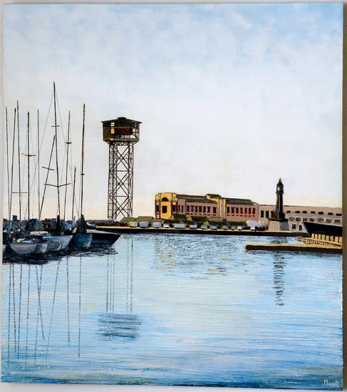 barcelona port Mixed media Panel Marine Painting