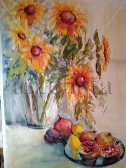 GIRASOLS,MANGRANAS Watercolour Card Still Life Paintings