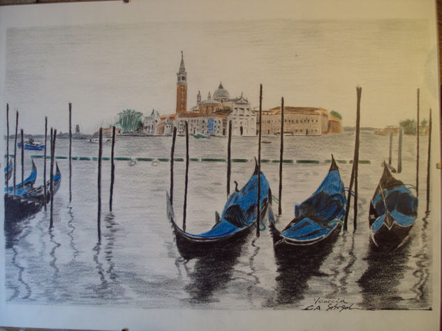 Góndolas en Venecia Lápiz (a color) Papel Paisaje