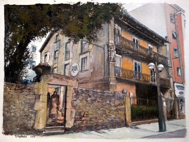 La casona de los escudos.Torrelavega Óleo Papel Paisaje