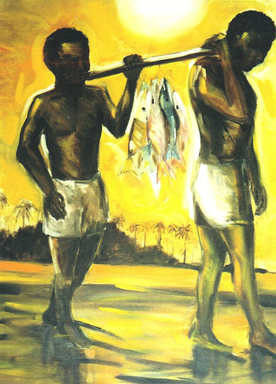 Pescadores Oil Textile Figure Painting