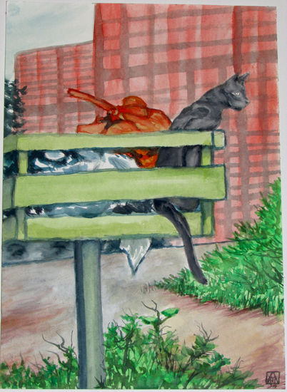 (gato en cesto de basura a modo de mirador) ¡saca tu basura ya! Watercolour Card Animals