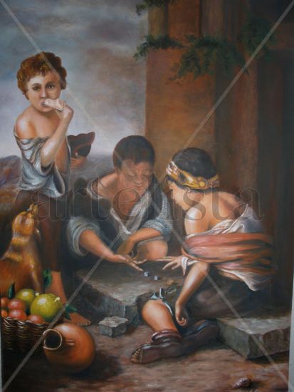 Niños jugando a los dados Oil Panel Figure Painting