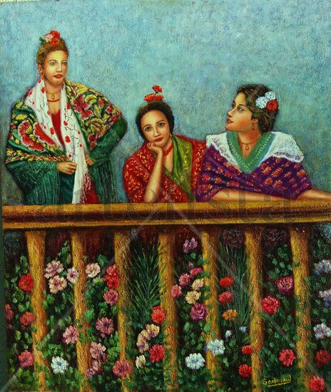 damas en el balcom Oil Textile Figure Painting