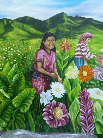 Muchacha cortando flores Oil Panel Landscaping