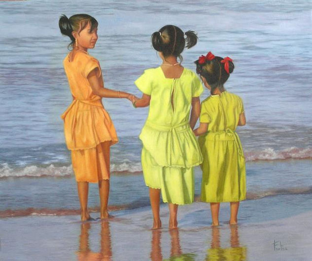 Niñas en la playa Oil Canvas Marine Painting