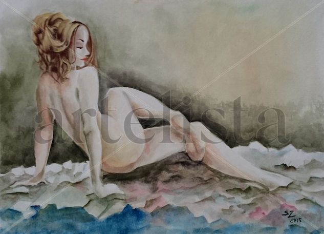 Desnuda sobre hojas Watercolour Paper Nude Paintings