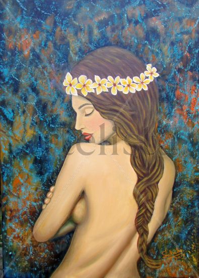 Desnudo con plumerias. Oil Textile Figure Painting