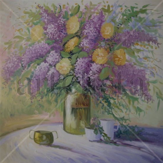 Jarrón de lilas Acrylic Canvas Floral Painting