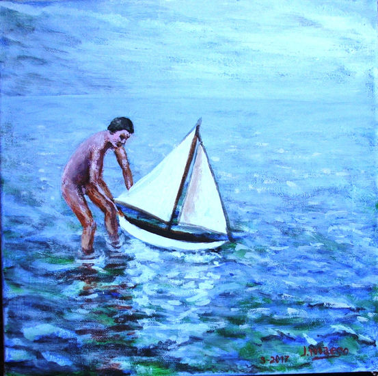 niño con barco Acrylic Canvas Marine Painting