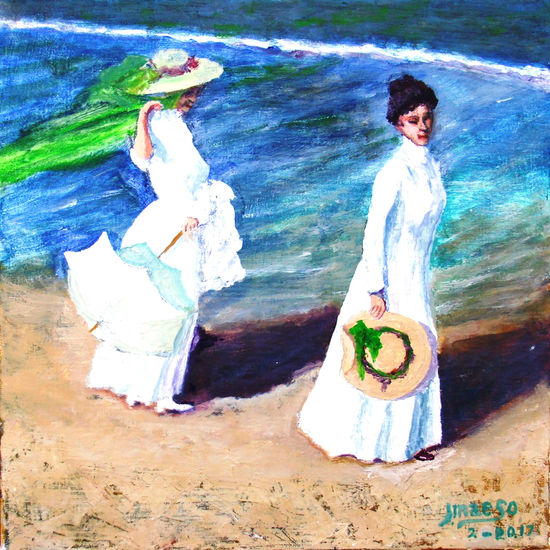 señoras paseando por la orilla del mar Acrylic Canvas Marine Painting